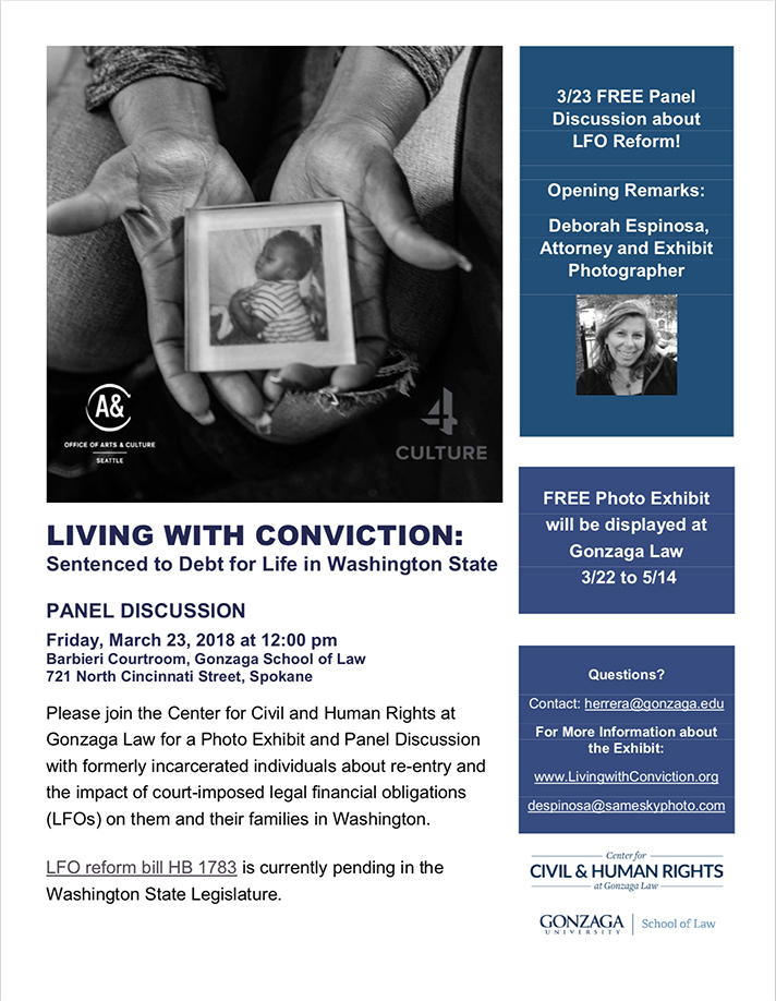 Promotional flyer for Living with Conviction event at Gonzaga Law