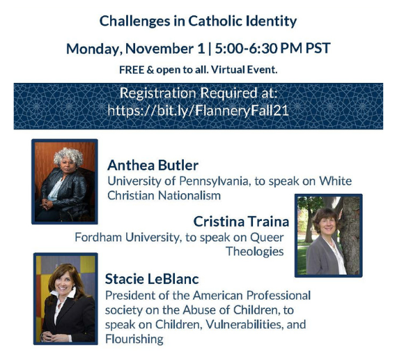 Flyer for Flannery Webinar with Anthea Butler, Cristina Traina, and Stacie LeBlanc.
