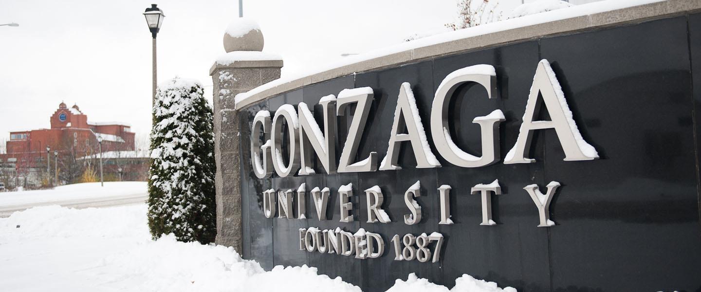 Gonzaga University sign in the snow 