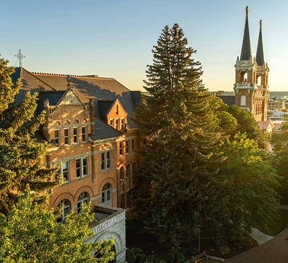 An aerial view of campus showing College Hall and the Spires of St. Aloysious 