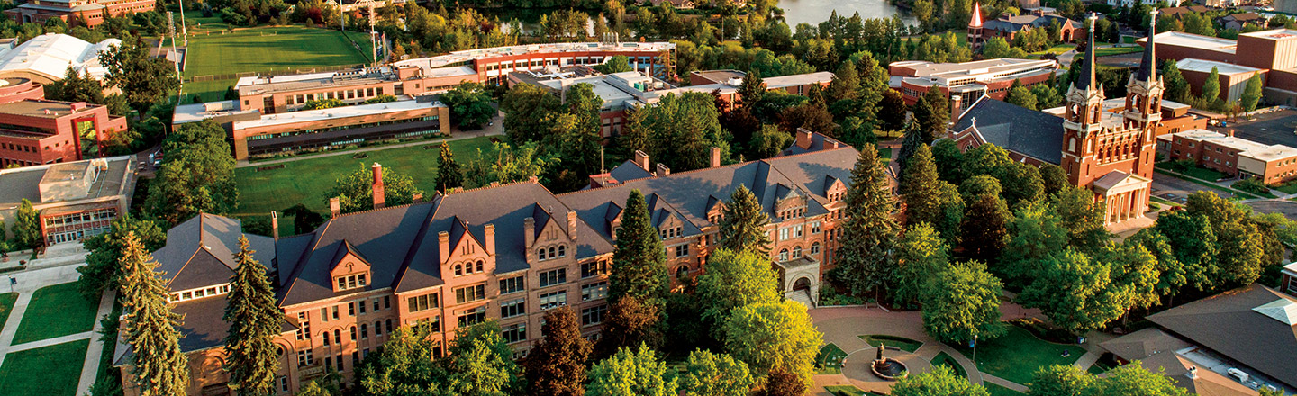 An aerial photo of Gonzaga's campus featuring the Myrtle Woldson Performing Arts Center and St. Aloysius Catholic Church.