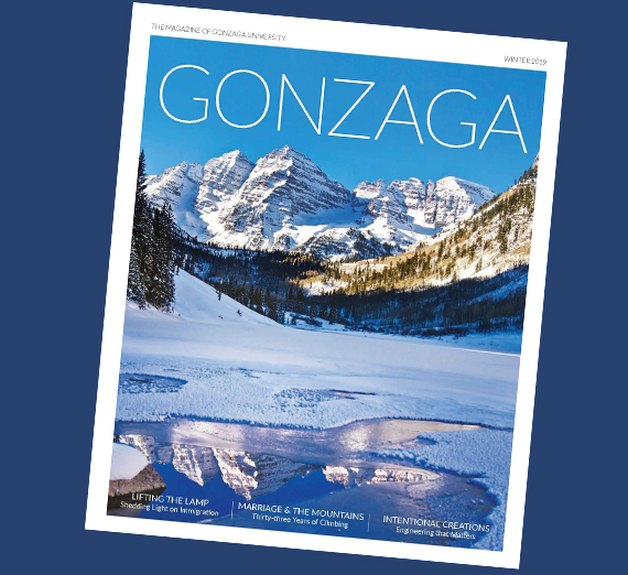 cover of gonzaga magazine shows winter mountains 