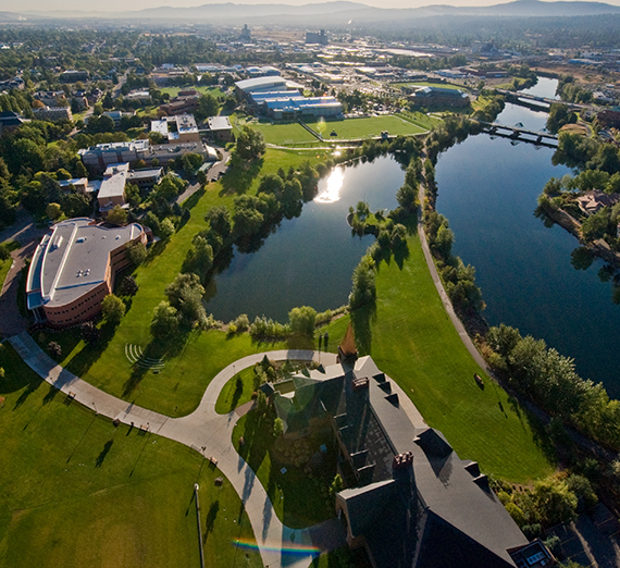 Aerial view of a portion of Gonzaga's campus with the Jepson Center for the School of Business Administration to the left. (GU photo) 
