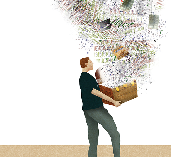 illustration by Dave Cutler, box overflowing with information 