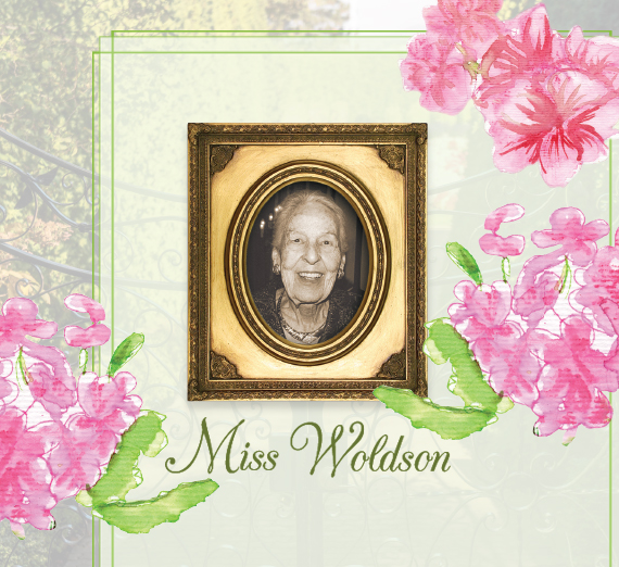 Portrait of Miss Myrtle Woldson and pink geraniums 