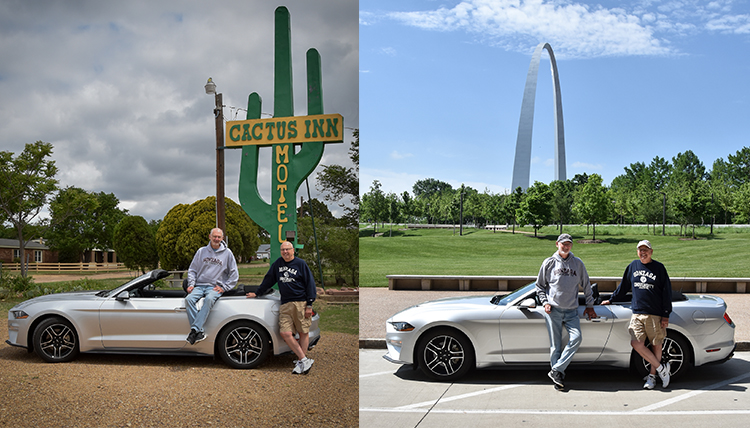 GU grads with Mustang convertible in the desert and in front of the St. Louis Arch