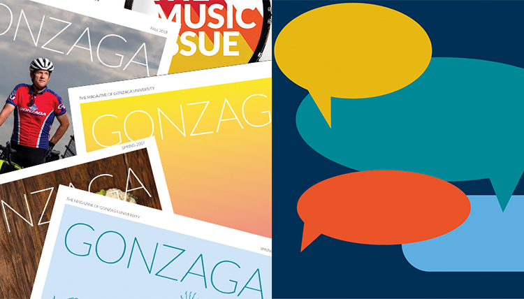 covers of gonzaga magazine and quote bubbles with no text