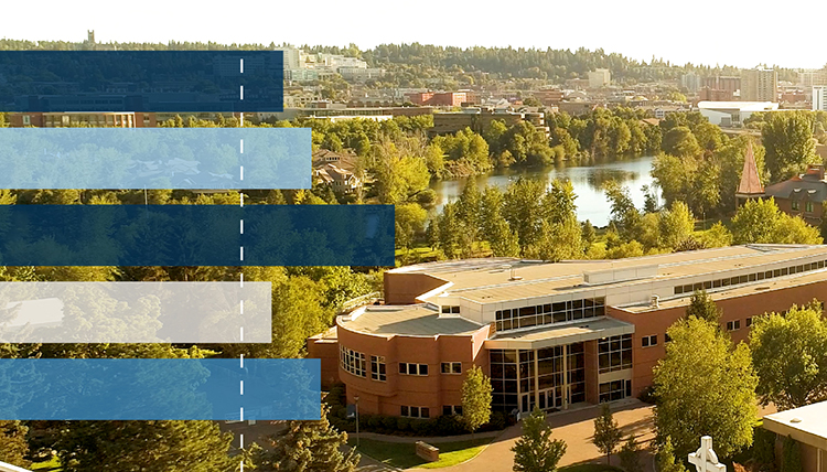 blue bars lie in graph style over photo of School of Business