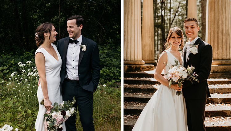 two separate wedding photos, both outdoors