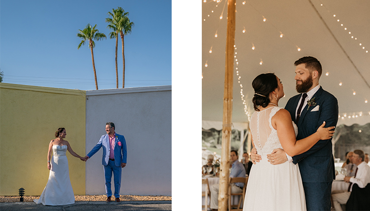 two separate couples in outdoor wedding portraits