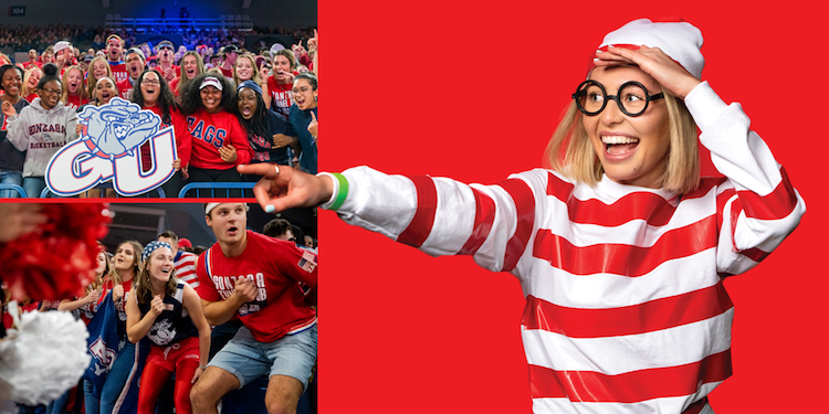 students in kennel at game, student wearing 'where's waldo' costume