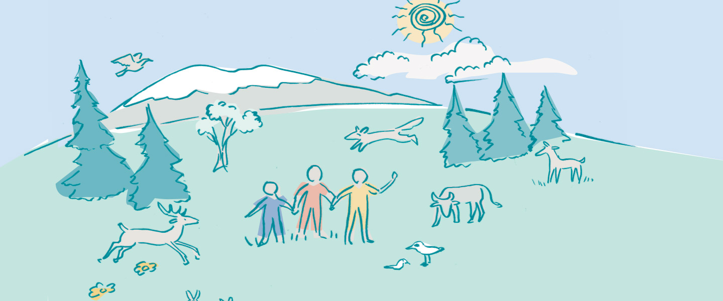 illustration of mountain with people and animals
