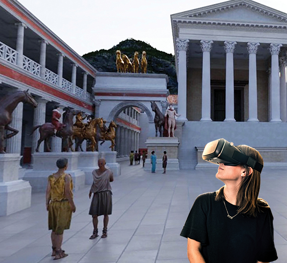 History students viewing an ancient site using a VR rendering.