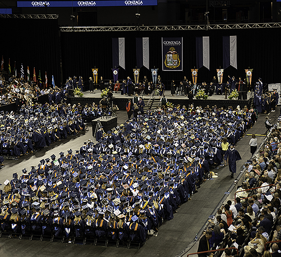 Gonzaga expects to confer a total of 2,163 undergraduate, graduate and law degrees.  (Above: GU photo of 2018 undergraduate commencement)  