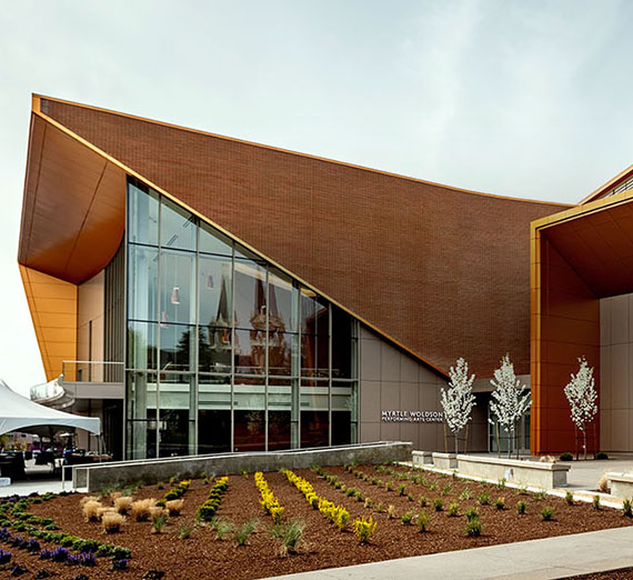 Exterior view of the Myrtle Woldson Performing Arts Center at Gonzaga University.