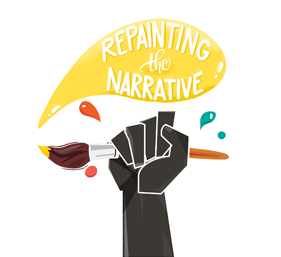 Picture of BRIDGE's T-shirt design, which includes a fist holding a paintbrush, with a paint blob that reads, "REPAINTING THE NARRATIVE" 
