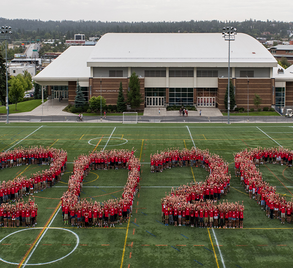The class of 2020 forms the numbers "2020" on the field during their orientation in 2016. 