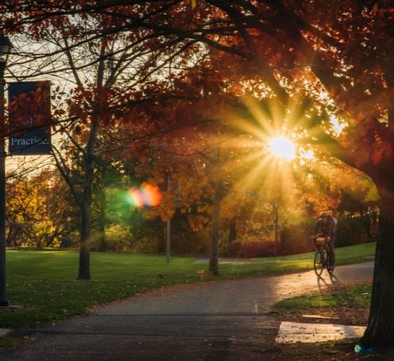 A student is biking down a path. It is clearly fall, with orange leaves on trees. The sun is shining through the trees. A Gonzaga lamppost is on the left. 