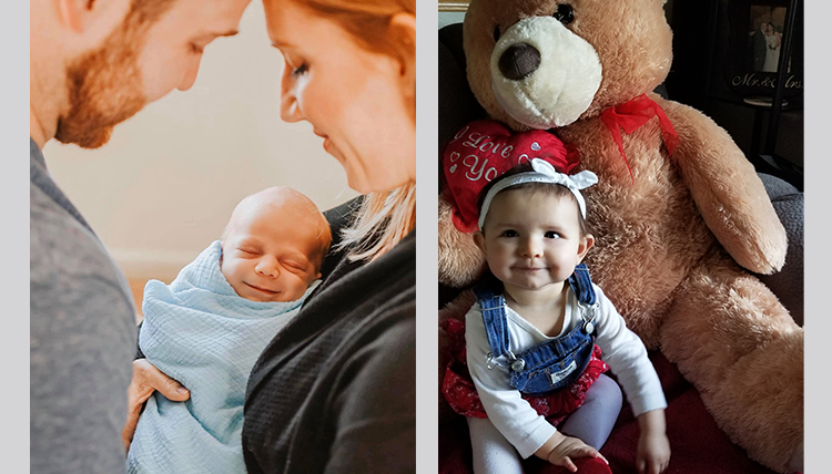 Above, left, baby smiling and being held by parents; Above, right, baby sitting with big stuffed bear.