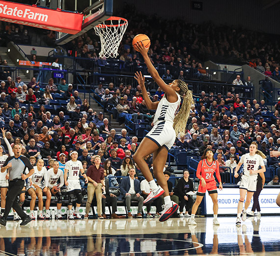 Gonzaga University basketball start Nigel Williams-Goss shooting over a defender during a game in 2017