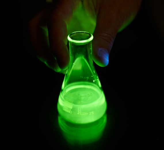 A gloved hand holds a small glass flask glowing with a bright neon-green luminescent reaction in a dark Gonzaga University chemistry lab.
