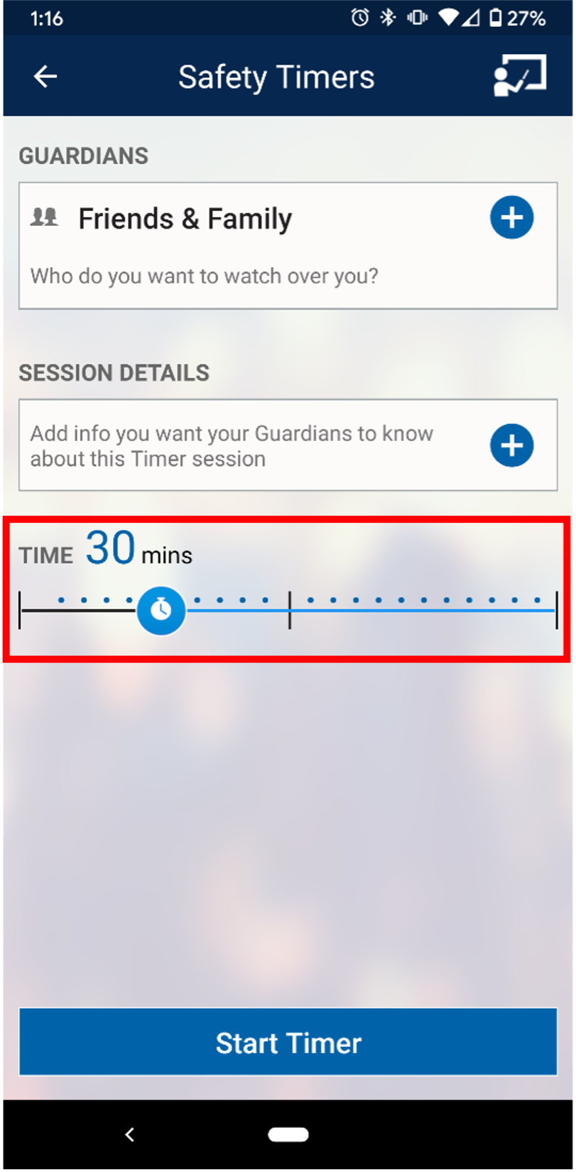 Select time for safety timer on Guardian app