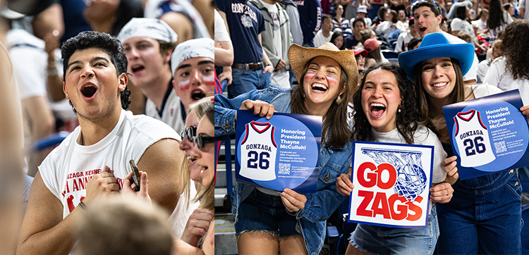 Collage of students cheering at a basketball game. Collage of students cheering at a basketball game.