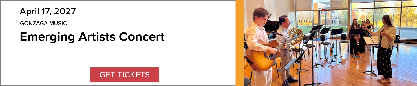 Event Banner: Emerging Artists Concert with image of musicians practicing and a 