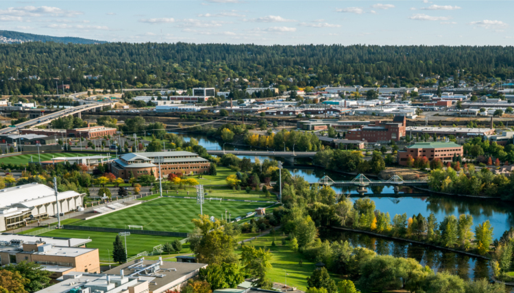 Spokane River and Gonzaga Campus photo taken from drone Spokane River and Gonzaga Campus photo taken from drone