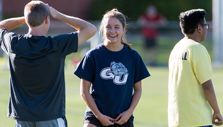 GU student smiles during intramural soccer game GU student smiles during intramural soccer game