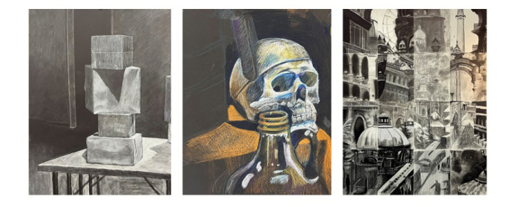 Three dwarings-one of an abstract sculpture, one of a skull and bottle, one with abstract building images. Three dwarings-one of an abstract sculpture, one of a skull and bottle, one with abstract building images.