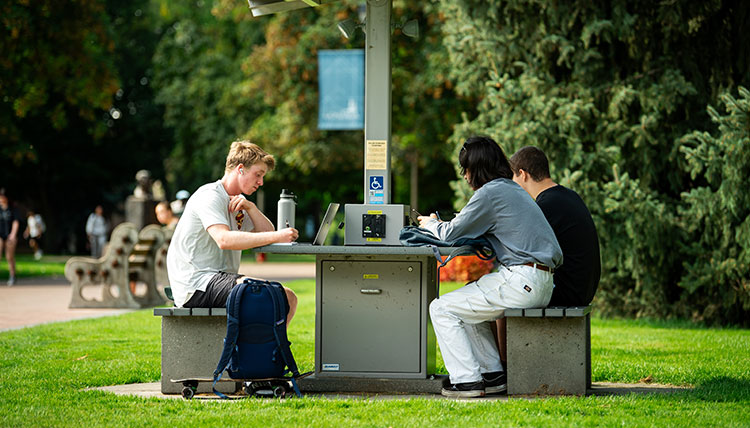 Three students sitting and studying outdoor Three students sitting and studying outdoor