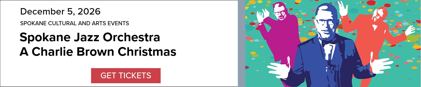 Event Banner: Spokane Jazz Orchestra: A Charlie Brown Christmas, December 5, 2026. Includes a decorative image and a 