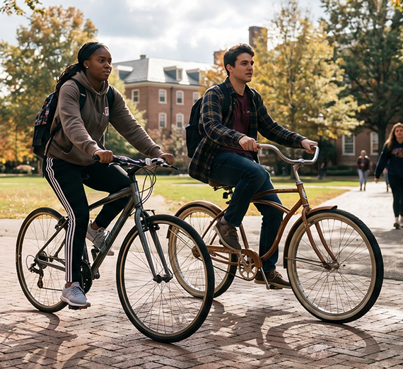 A woman and a man riding bicycles