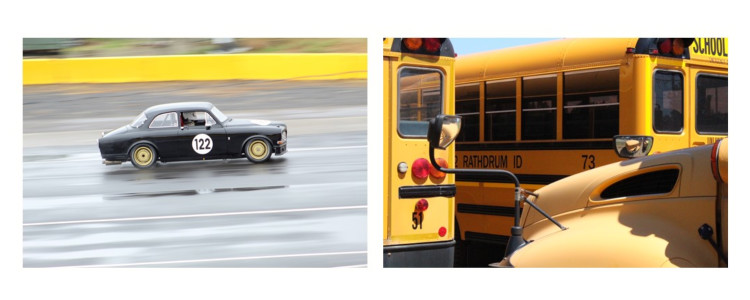 Photos of a car on a track and several buses. Photos of a car on a track and several buses.