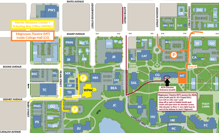 This map A map of the Gonzaga University campus featuring the locations of the Myrtle Woldson Performing Arts Center and the Magnuson Theatre including ADA entrance information.