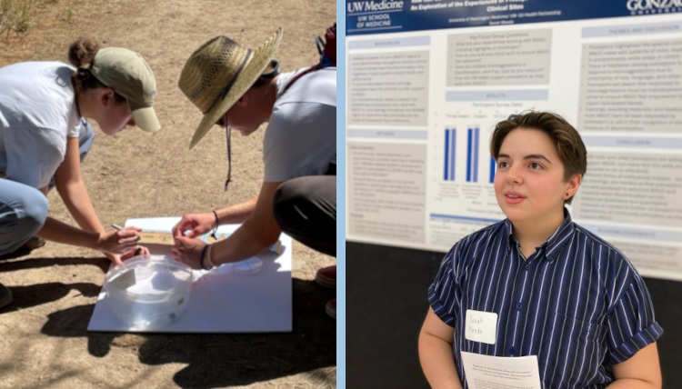GU students doing field research and GU student presenting a poster GU students doing field research and GU student presenting a poster