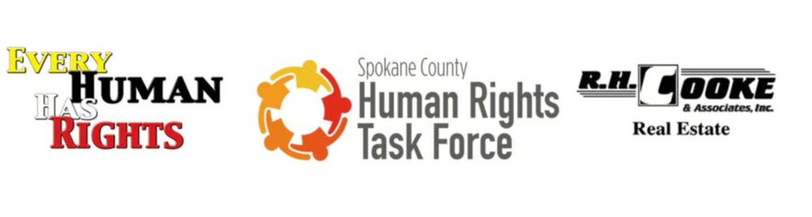 logos, left to right; 'Every Human Has Rights Commission', 'Spokane Country Human Rights Task Force', 'R.H. Cooke Real Estate' logos, left to right; 'Every Human Has Rights Commission', 'Spokane Country Human Rights Task Force', 'R.H. Cooke Real Estate'