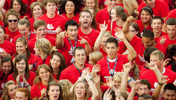 A crowd of new Gonzaga students wear matching t-shirts at Fall Orientation A crowd of new Gonzaga students wear matching t-shirts at Fall Orientation