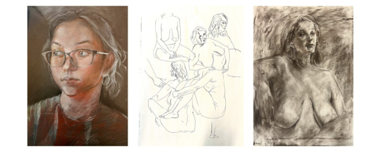Two drawings of nudes and one of a face. Two drawings of nudes and one of a face.
