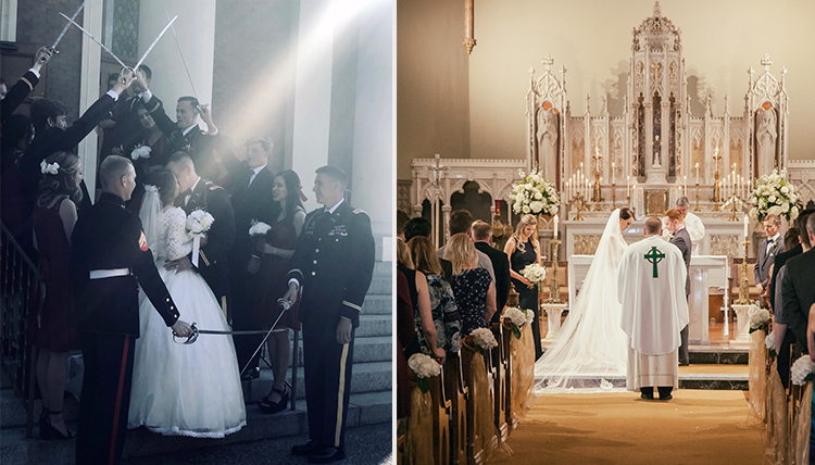 two couples in one photo, one with military salute, the other inside church two couples in one photo, one with military salute, the other inside church