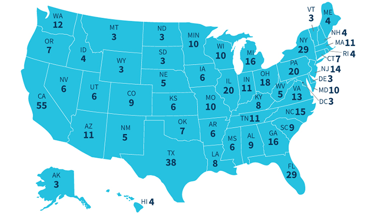 a map of the US with each state labeled with its number of electoral votes a map of the US with each state labeled with its number of electoral votes
