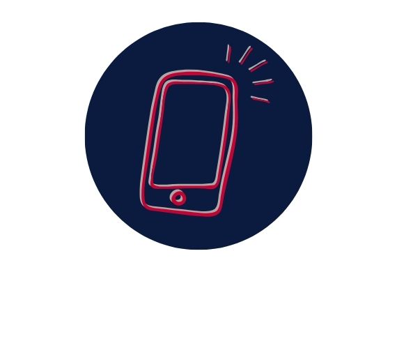 Dark blue circle icon with a red and grey doodle outline of an smartphone.
