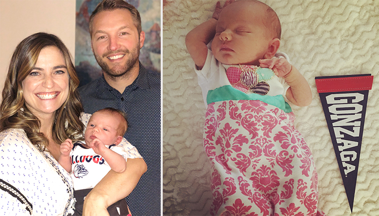 baby with parents and baby with Gonzaga pennant baby with parents and baby with Gonzaga pennant
