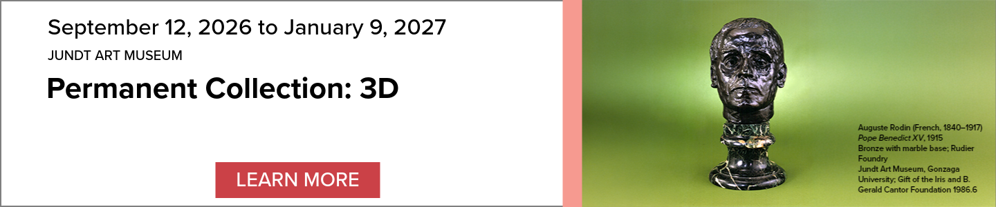 Event Banner: Jundt Art Museum: Permanent Collection: 3D, September 12, 2026-January 9, 2027, includes a head bust and a 