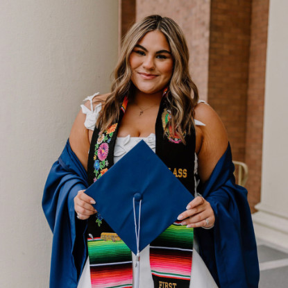 Gonzaga University Sociology & Criminology Alumna Isabella Gonzalez ('26) in graduation attire. 
