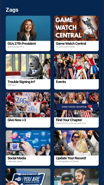 Zag Nation app interface with a 2-column of tile displaying images representing the various ways users can interact with Gonzaga while using the app. Zag Nation app interface with a 2-column of tile displaying images representing the various ways users can interact with Gonzaga while using the app.