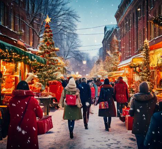 AI generated image of people walking through a snowy Christmas market.