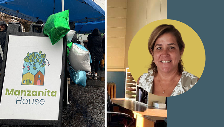 Sign for manzanita house, a non profit for immigrants, next to head shot of founder, Pat Castaneda. Sign for manzanita house, a non profit for immigrants, next to head shot of founder, Pat Castaneda.