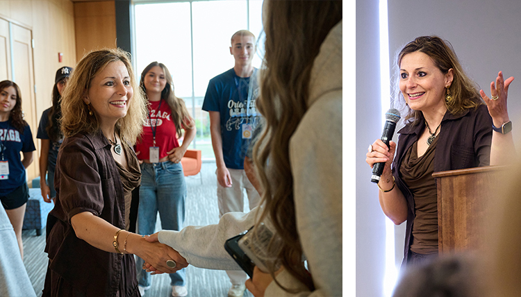two images of woman leader speaking with students two images of woman leader speaking with students